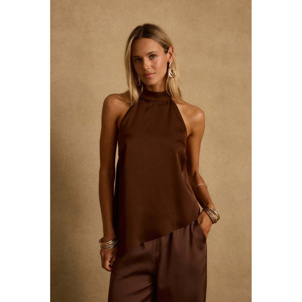 12th Tribe Linden Mocha Asymmetrical Halter Top Size Small